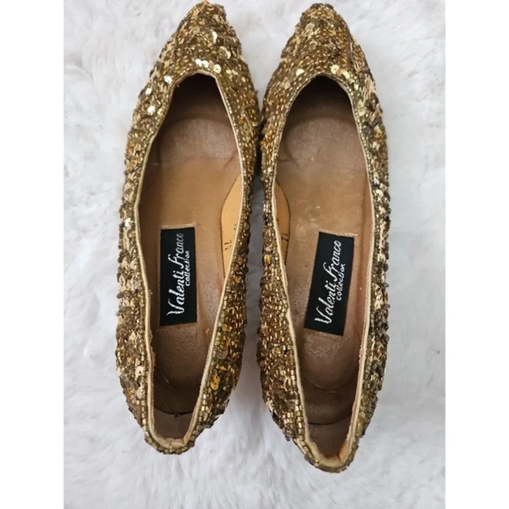 Valenti Franco Gold Sequin Beaded Kitten Heels‎ Pumps Size 7.5 Vintage Glam